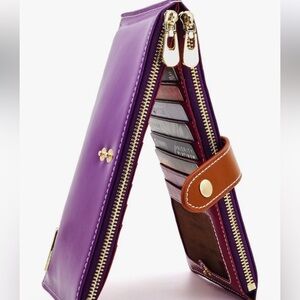 ANDOILT Purple Genuine Leather RFID Blocking wallet gold hardware double zip